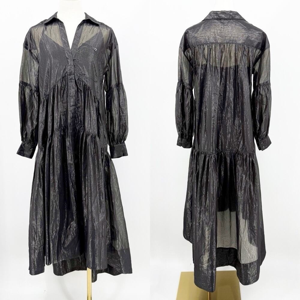 Pilcro Anthropologie High Low Dress Metallic Tiered Maxi Black XS Goth Oversized - Picture 2 of 12